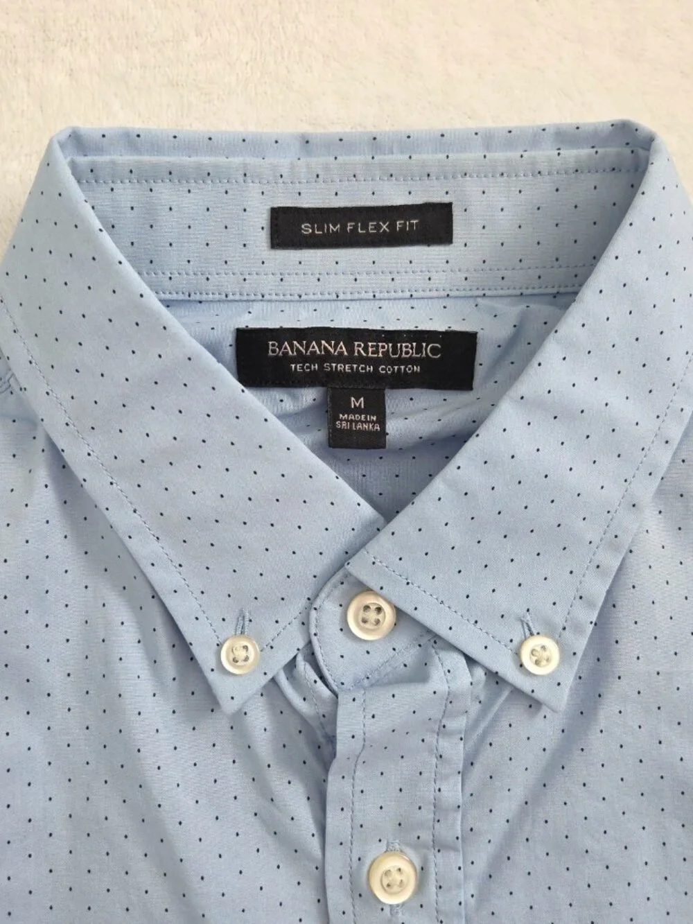 Banana Republic Slim Tech Stretch Cotton Shirt Mens Medium Blue Polka Dot Button